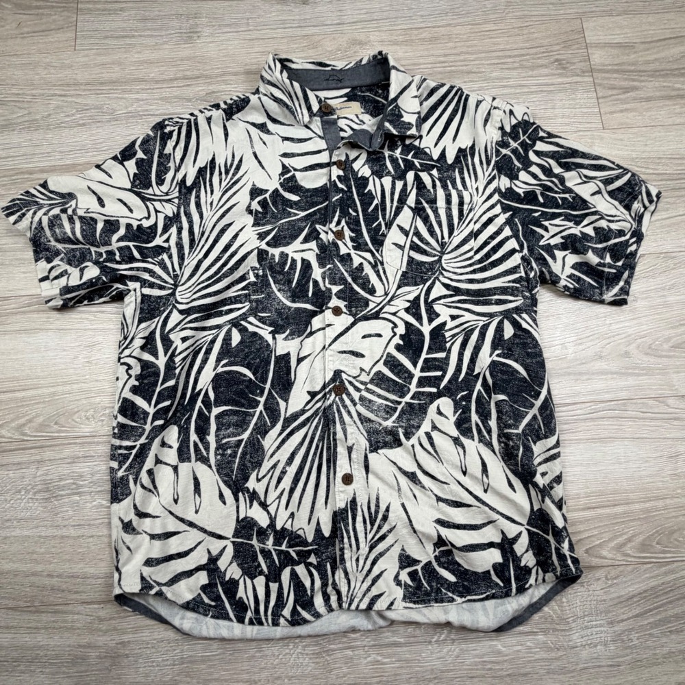 Tommy Bahama Mens Large 100% Silk Black White‎ Tropical Palm Leaf Camp Shirt